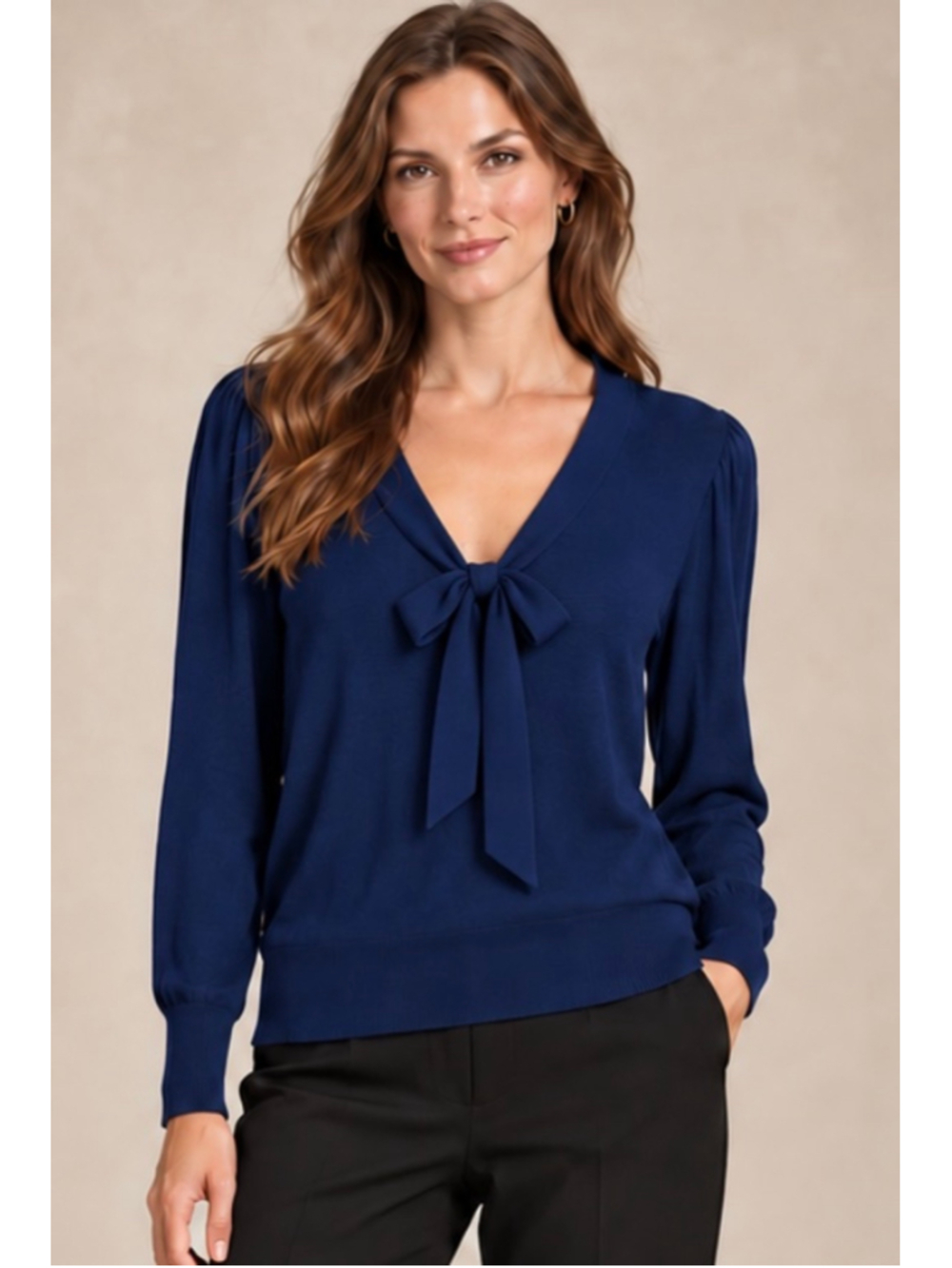 Lauren Ralph Lauren Blue Tie-Neck Long Sleeve Sweater Size Xl/1X cotton Blend